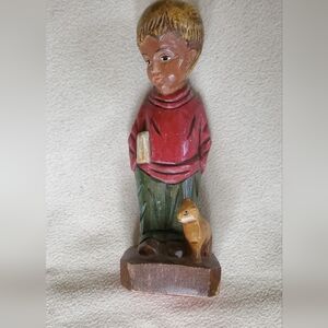 Hand Carved Painted Wooden Boy and Cat Statue